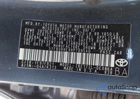 2017 Toyota Corolla Le из США, поврежденный, VIN 5YFBURHEXHP709540